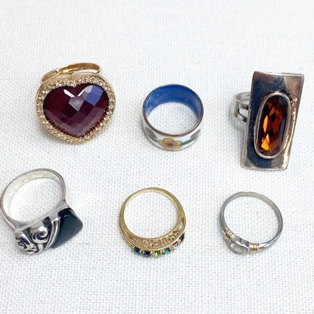 Lot of 6 Rings, Silver & Gold Tone, Colorful Stones & Onyx, Cloisonné